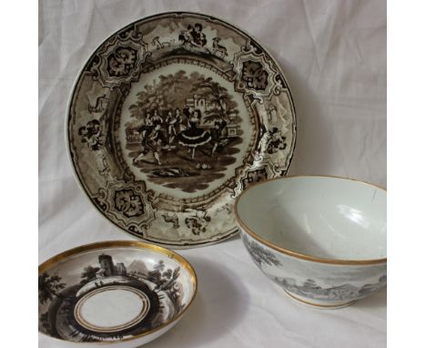 A 19th century English porcelain slops basin, monochrome decorated with a shepherd, sheep and a dog in a landscape, together 