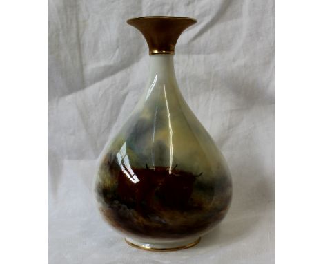 A Royal Worcester porcelain baluster vase painted with highland cattle to an ivory ground, signed by Harry Stinton, shape No.