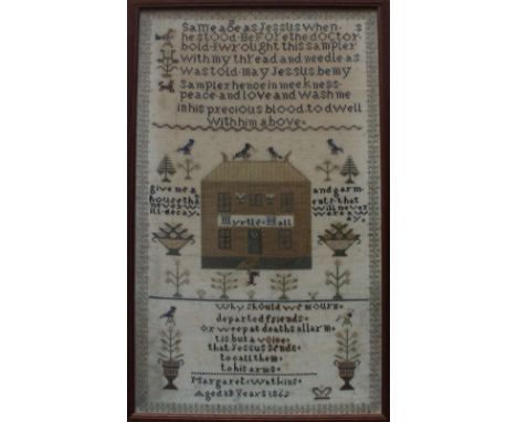 A mid 19th century sampler depicting "Myrtle Hall", with an interlaced border, text to the top, sides and base, house to the 