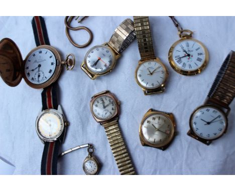 A 9ct gold mid sized Rotary wristwatch with a circular dial, Roman numerals and a seconds subsidiary dial together with other