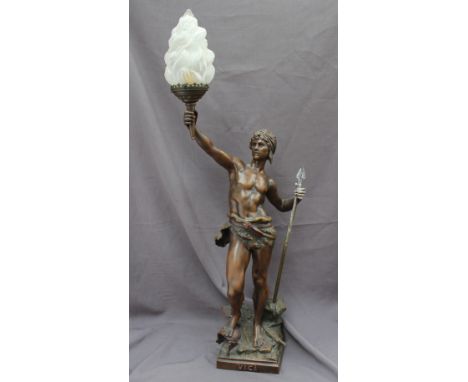 After Louis Auguste Moreau (French, 1855-1919) a large spelter figural lamp base, of a spear hunter, marked to the base 'VICI