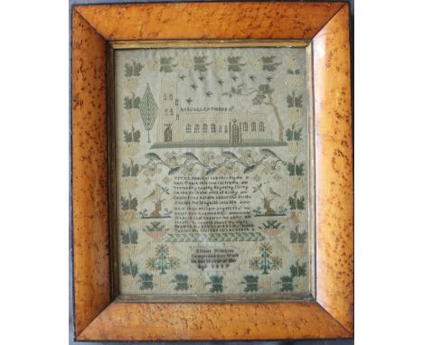 An early 19th century sampler, depicting "Bengall Cathedral", trees, birds and text "Vital spark of heavenly flame..........D