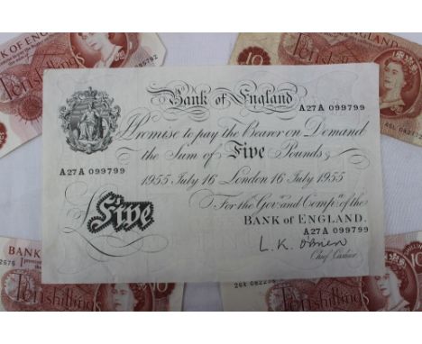 A Bank of England white five pound note, dated 16 July 1955, chief cashier L. K. O’Brien  No.A27A 099799 together with four t