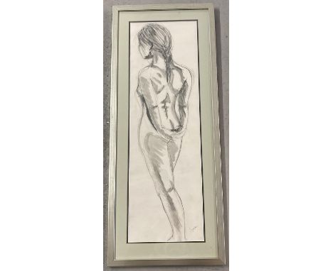 A framed and glazed nude pencil &amp; watercolour sketch, with indistinct signature to lower right. Frame size approx. 74cm x