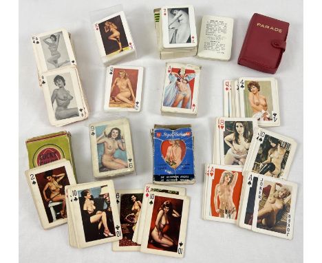 A collection of 8 assorted sets of adult erotic playing cards featuring pin-up and glamour models. Together with a Parade pla