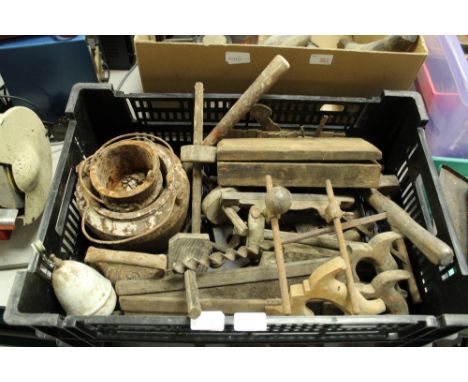 Box of miscellanous tools, including glue pots