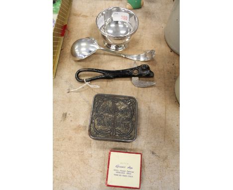 Plated bowl, ladle, tin opener and misc