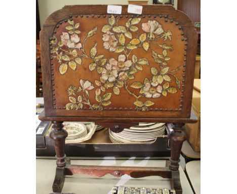 Small oak & embossed leather fire screen
