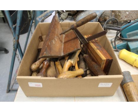 Box of various antique tools, clamp, saws etc