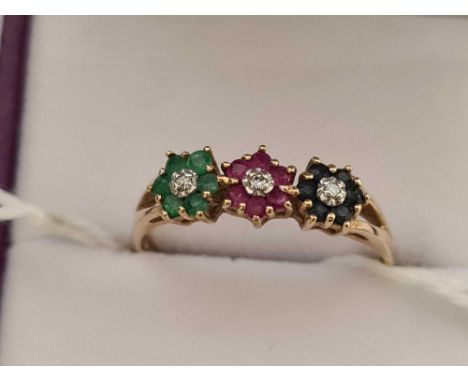 9CT GOLD EMERALD, RUBY &amp; SAPPHIRE RING