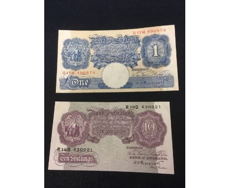 TWO BANK OF ENGLAND NOTES TEN SHILLINGS AND ONE POUND K O PEPPIATT GOVERNOR 1934-49 HIGH GRADE 