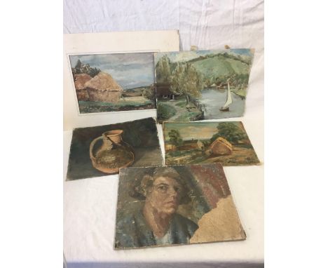 FOLIO OF 5 OIL PAINTINGS, LANDSCAPES, STILL LIFE AND DOUBLE-SIDED PORTRAIT ON CANVAS, BOARDS ETC