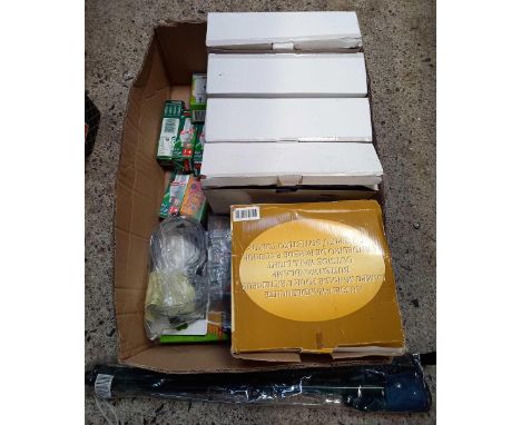 CRATE OF NEW UNUSED ITEMS INCL; LAWN EDGING, EXTERNAL LIGHT, LIGHT BULBS ETC