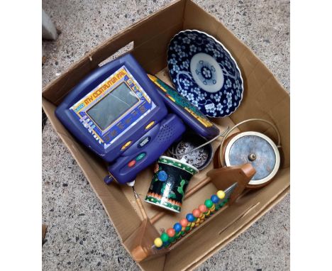 CARTON WITH BISCUIT BARREL, ABACUS, ORIENTAL PLATE &amp; A V-TECH MY COMPUTER PAL &amp; KEY BOARD