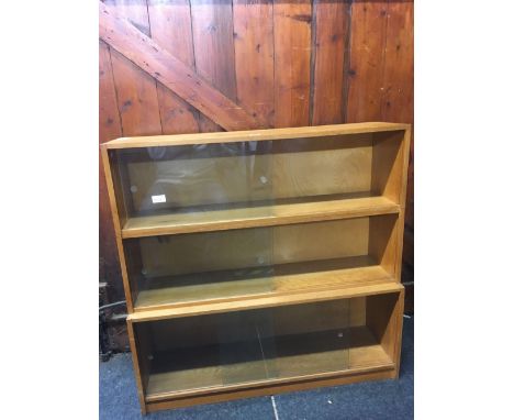 LIGHT OAK DISPLAY CABINET WITH SLIDING GLASS DOORS