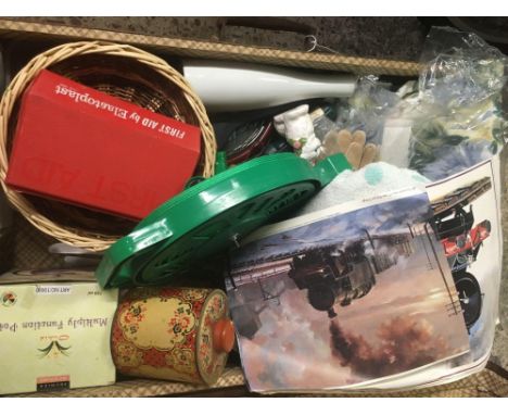 BROWN SUITCASE WITH CONTENTS INCL; FLEXI HOSE, ELECTRIC SCREWDRIVER, PLASTIC CUPS &amp; SAUCERS &amp; BRIC-A-BRAC