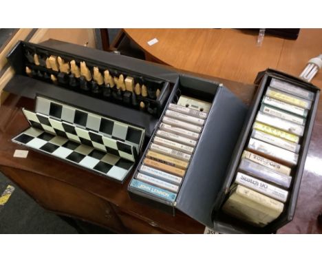 SMALL CASE OF COUNTRY &amp; WESTERN CASSETTES, 8 TRACK STEREO CASSETTES &amp; PORTABLE CHESS SET
