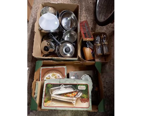 SMALL CARTON OF CUTLERY &amp; SERVING SETS, CARTON OF MISC STAINLESS STEEL SAUCE PANS &amp; A CARTON WITH 3 QUEEN ANN SILVER 