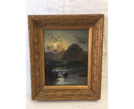 19THC OIL PAINTING IN THE MANNER OF PETHER. A BEACHED SAILING VESSEL BY MOON-LIGHT.  POSSIBLE MONOGRAMME LOWER LEFT. IN A 19T