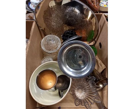 4 CARTONS OF MISC CHINA, METAL ARE, GLASS INCL; DOLLS, MODERN REPRO CARRIAGE LAMP, CANDLE HOLDERS