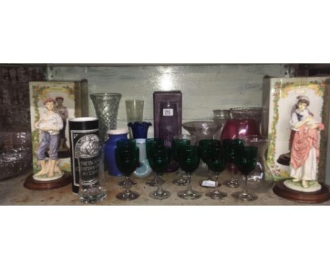 SHELF WITH VASES, COLOURED DRINKING GLASSES, FIGURINES &amp; A CAITHNESS VASE