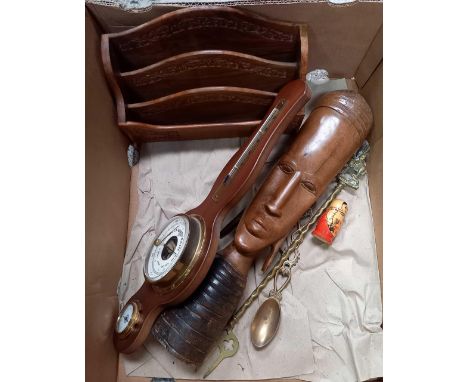 CARTON WITH LETTER RACK, BAROMETER, ETHNIC HEAD CARVING &amp; A BRASS TOAST FORK