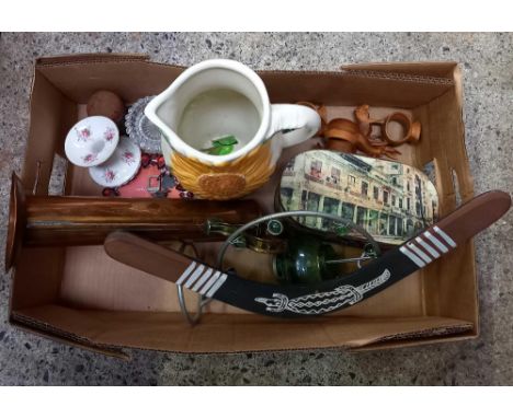 CARTON WITH SUNFLOWER JUG, BOOMERANG, COPPER JUG, TEA LIGHT &amp; TRINKET BOX
