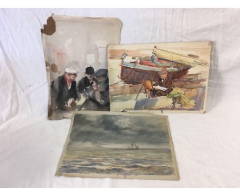 FOLDER OF 3 UNFRAMED WATERCOLOURS, TWO OF FIGURES AND ONE SEASCAPE