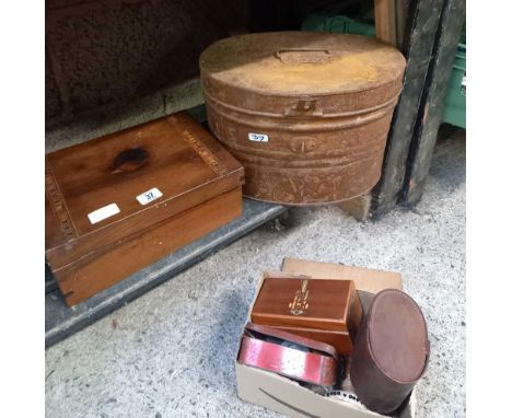 METAL VINTAGE HAT TIN, 2 PART FILLED ARMY HOUSEWIVES, AN ARP WHISTLE, LEATHER HAIR BRUSH CASE &amp; A TREEN BOX