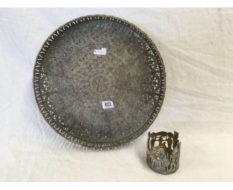 TURKISH ROUND FILIGREE TRAY &amp; ITEM WITH EGYPTIAN FIGURE