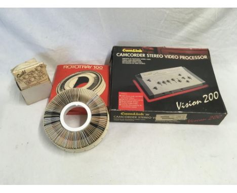 BOXED CAMCORDER, STEREO VIDEO PROCESSOR, ROTARY GLIDE MAGAZINE &amp; A BOX OF GUITAR STRINGS