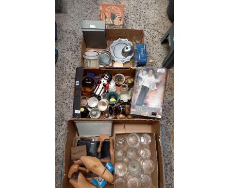 3 CARTONS OF MISC CHINA, GLASS, WOODEN SHOE TREES, VINTAGE ICE-CREAM MAKER OR CREAM MAKER &amp; A BOXED FIGURE OF MICHAEL JAC