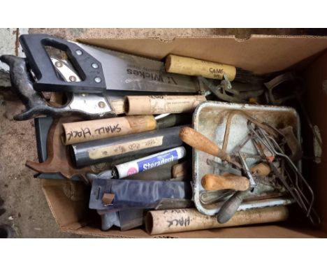 CARTON OF MISC TOOLS, HACK SAWS, BLADES, PANEL SAWS, RIP SAWS