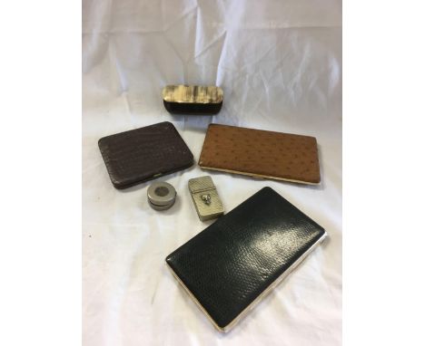 TUB WITH CIGARETTE CASES, WHITE METAL VESTA BOXES, HORN SNUFF BOX &amp; 1 OTHER
