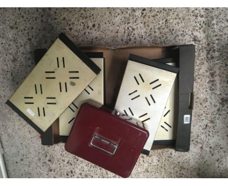 CARTON WITH 5 TEA LIGHT PLATE WARMERS &amp; A RED METAL CASH BOX