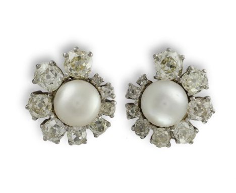 A PAIR OF CULTURED PEARL AND DIAMOND EARRINGSEach centrally-set with a 8.65mm or 8.64mm round cultured pearl, within a surrou