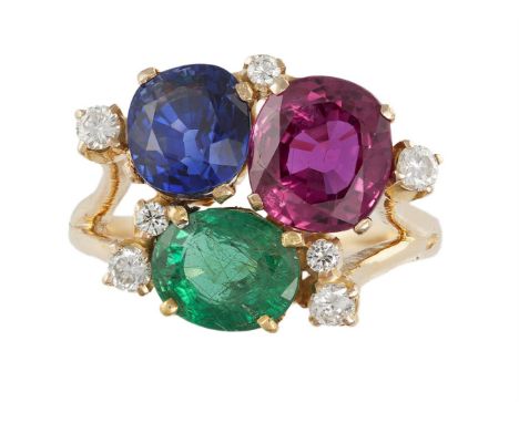 A SAPPHIRE, RUBY, EMERALD AND DIAMOND RINGEach in a four-claw setting, the cushion-shaped sapphire weighing approximately 2.9