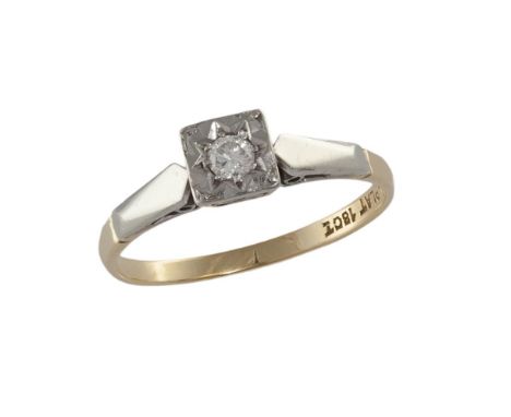 A DIAMOND SINGLE-STONE RINGThe brilliant-cut diamond set in a polished star motif surround within a square-shaped setting, mo