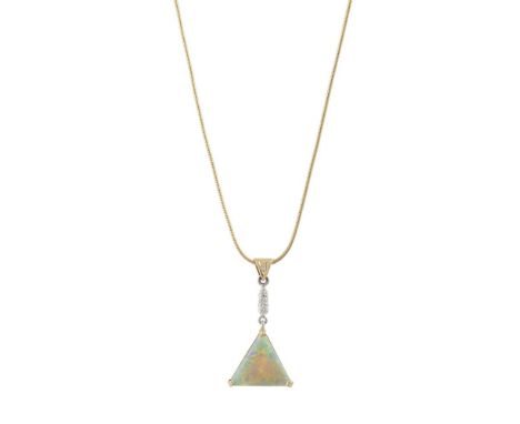 AN OPAL AND DIAMOND PENDANT NECKLACEComposed of a triangular-cut opal within a three-claw setting to a graduated round brilla