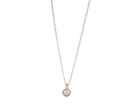 A CULTURED PEARL AND DIAMOND PENDANT ON CHAINThe 6.78mmx.6.70mm cultured pearl, within a foliate surround, set with round bri