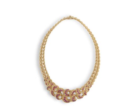 A RUBY AND DIAMOND NECKLACE, BY LACLOCHEDesigned as a highly stylised double row of openwork twised links, set to the centre 