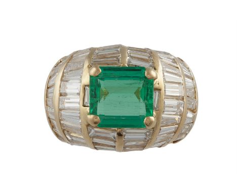 AN EMERALD AND DIAMOND RINGOf bombé design, centrally-set with a step-cut emerald, within a four-claw setting, weighing appro