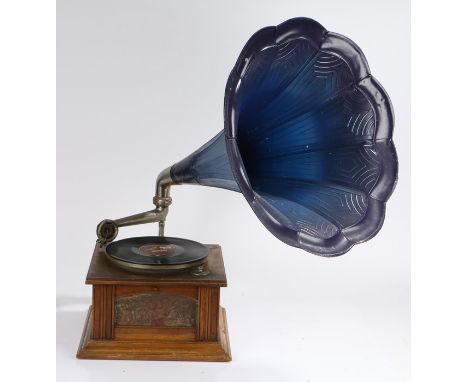 Table top Gramophone with oak case and blue Metal speaker Horn.
