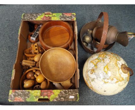 A good lot to include a quantity of carved wooden items comprising bowls, eggs, model train and a quantity of metal ware and 