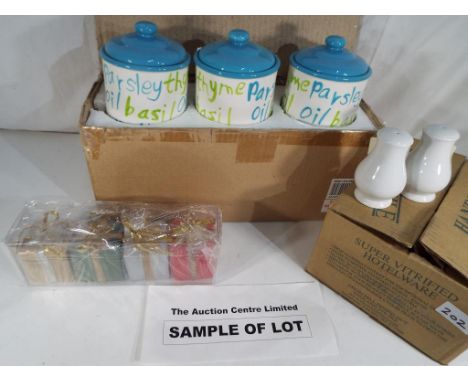 Nine sets of sealed novelty candles, a box of twelve Chef's Choice Sandringham salt pots and eleven ceramic lidded herb pots,