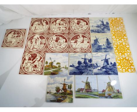Twenty two ceramic tiles to include ten by H & R Johnson depicting various trades, a quantity of Delft tiles and four Carter 