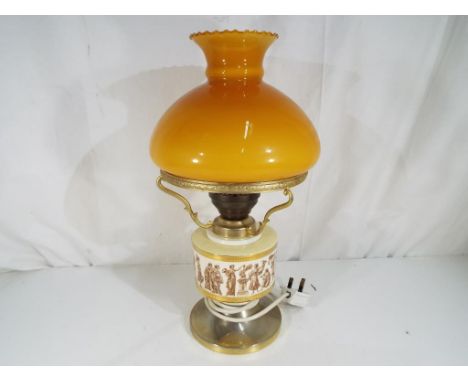 A good quality table lamp decorated with figures in classical dress with amber coloured glass shade, approx 45cm (h)  Est £20