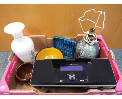 An early milk glass vase and four studio pottery glazed items also included in the lot is a Roberts radio and CD player (no p