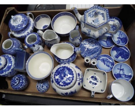 A quantity of blue and white ceramic tableware with various makers to include Wood and Sons, Shelley, Seaforth, Wedgwood, Del