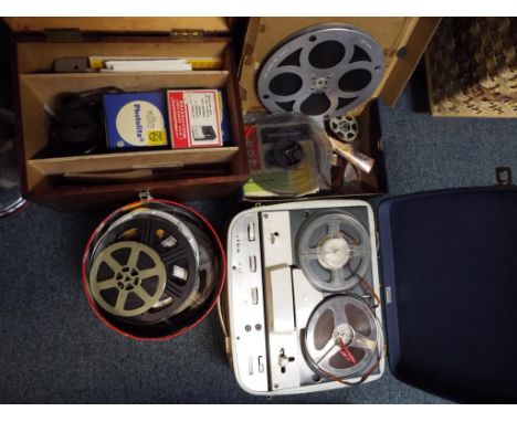 A good mixed lot to include an Albar 17 four track film reel in carry case, a vintage tin containing a quantity of film reels